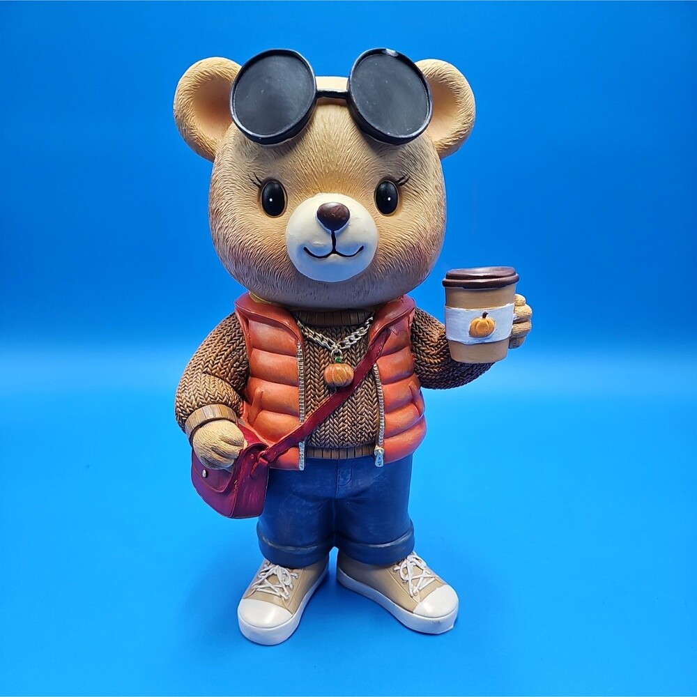 Fall Autumn Resin Bear Wearing Sunglasses Holding Coffee Cup 12” Figurine Cute!